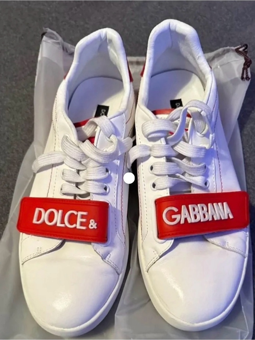 Dolce & Gabbana White Leather Sneakers with Red Logo Straps